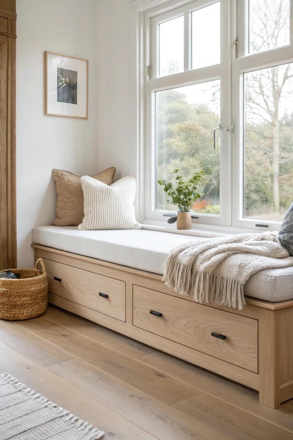 Built-in bay window seat with sleek oak drawers—hidden storage for blankets and games.