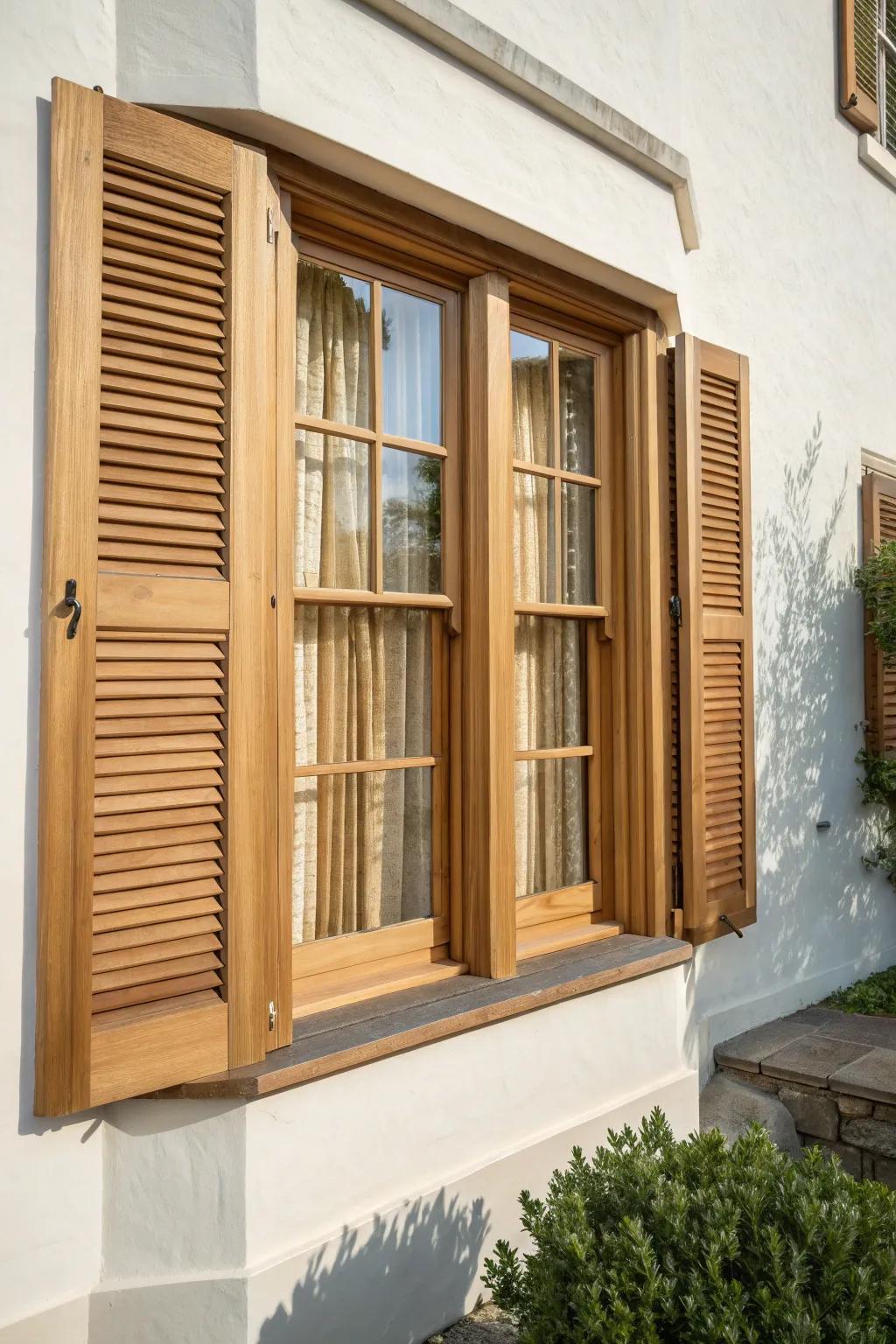 Raised-panel wood shutters bring tailored, historic charm to bay windows—clean lines, rich grain.