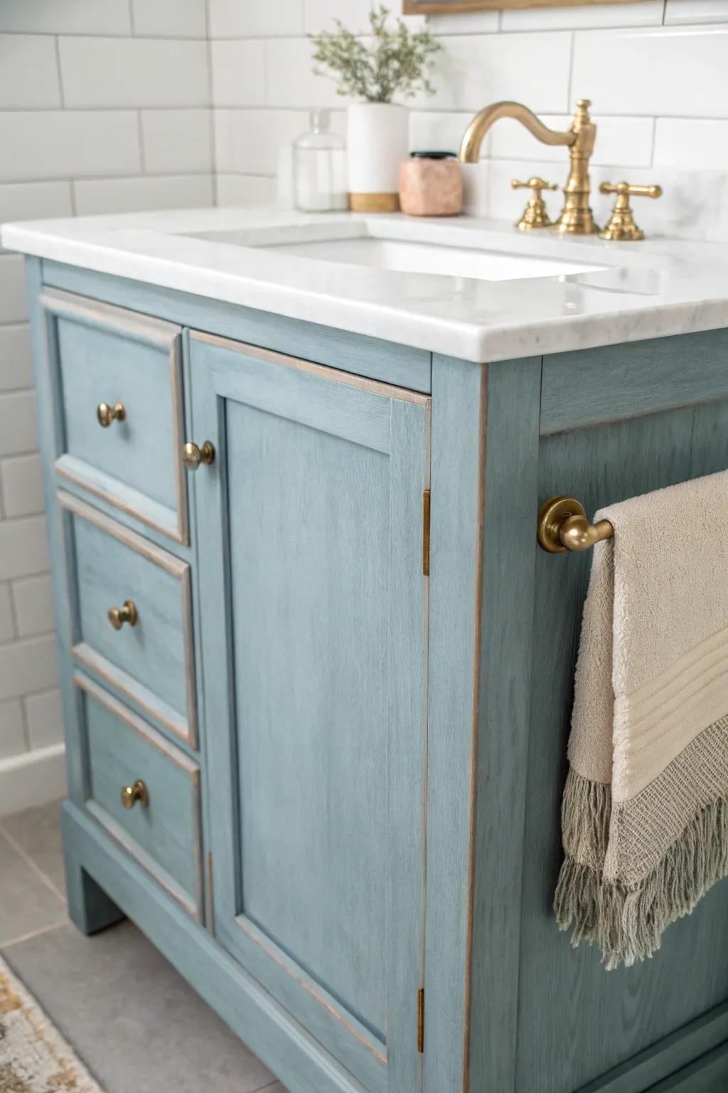 Dusty coastal-blue vanity + crisp white top—fresh beach cottage calm with handmade wood charm.