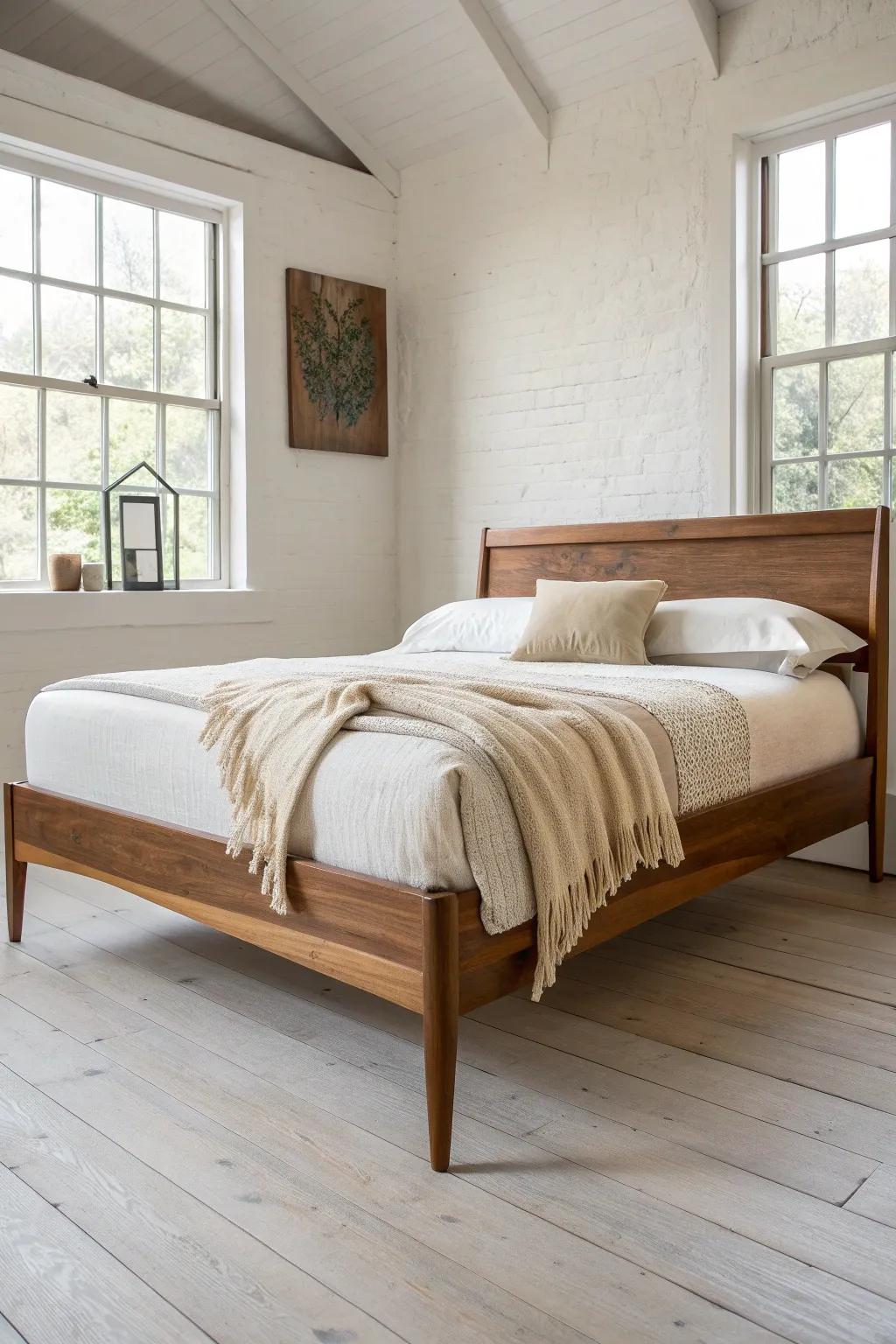 Tapered legs and slim rails give this warm-stained mid-century frame a light, intentional feel.