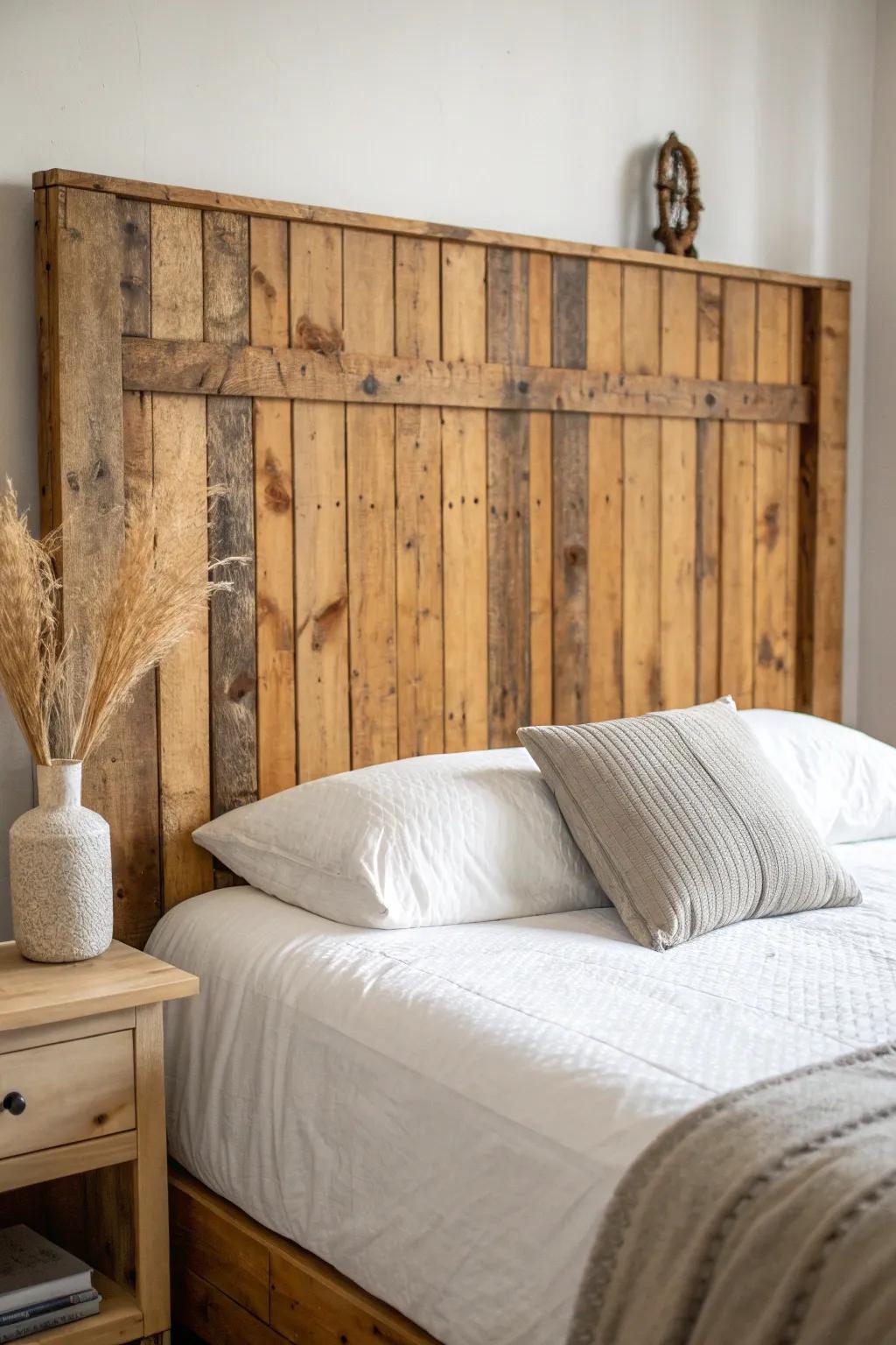 Rustic reclaimed barn-wood headboard with nail holes and saw marks—pure character and warmth.
