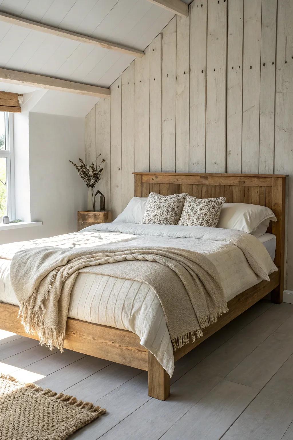 Modern farmhouse neutrals: oatmeal linen on a chunky oak bed for warm, cozy simplicity.