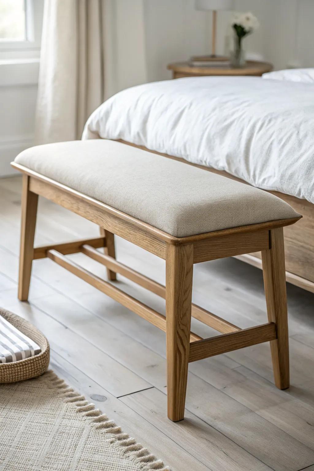 A light oak bench with a neutral linen cushion adds a relaxed, finished look at the bed’s foot.