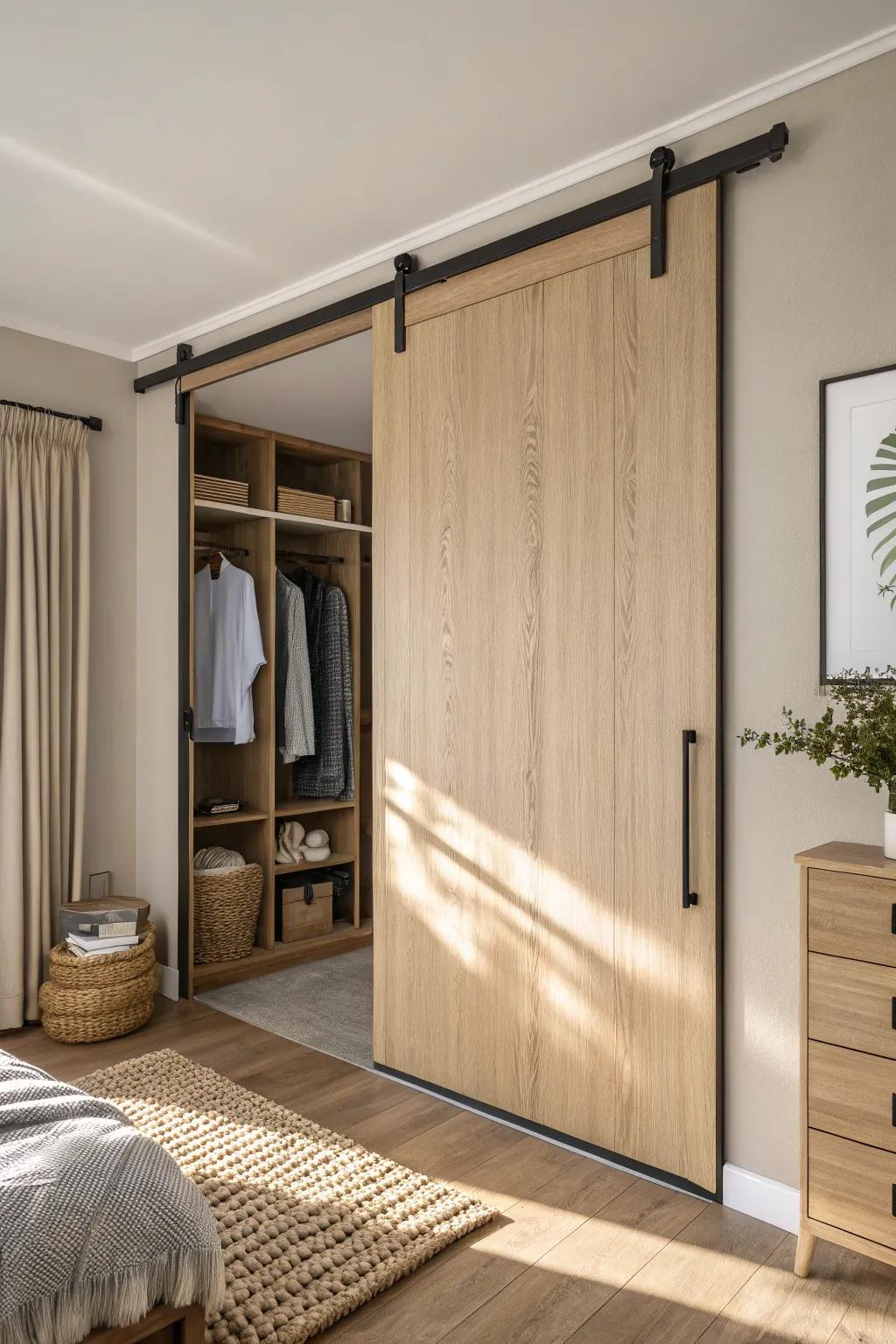 Light oak sliding bypass door: sleek, space-saving style with warm Scandinavian calm.