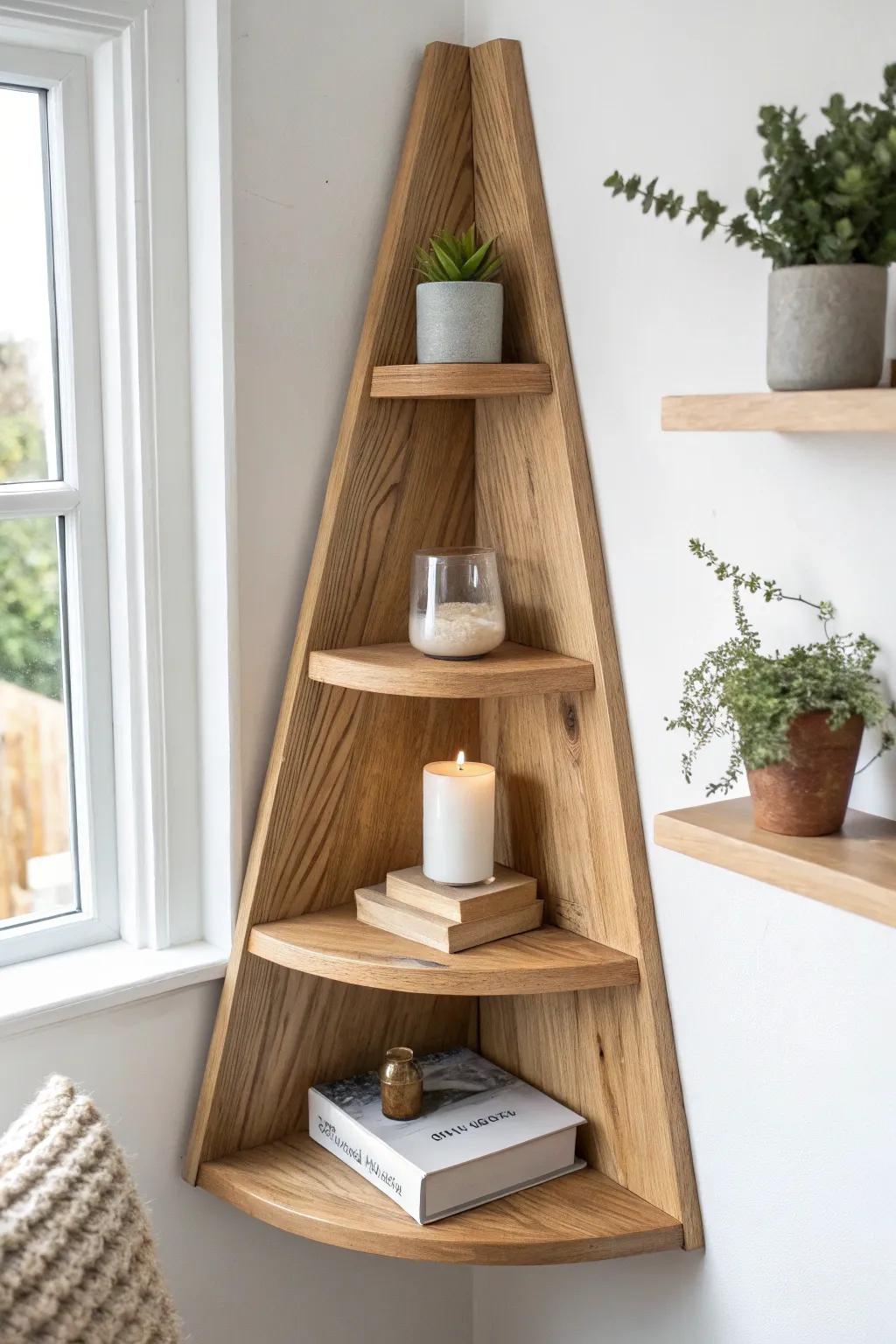 Classic triangular corner shelf stack in warm oak—airy storage for a book, plant, and candle.