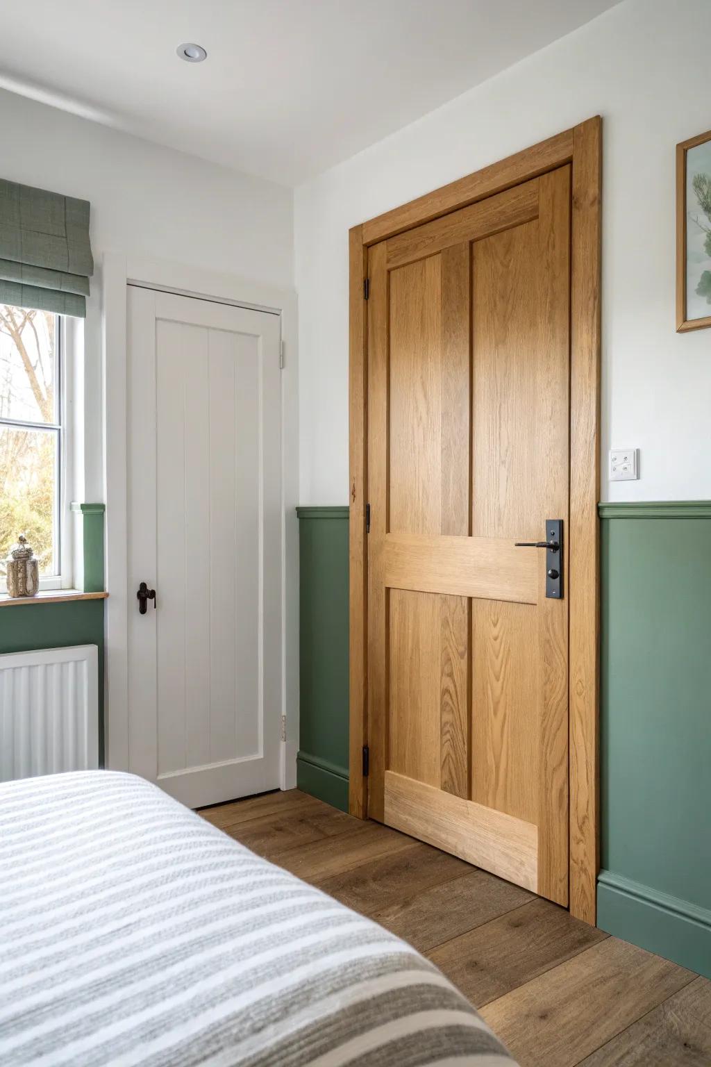 Two-tone color-blocked door: crisp tape line, soft neutrals, and a rich sage contrast.