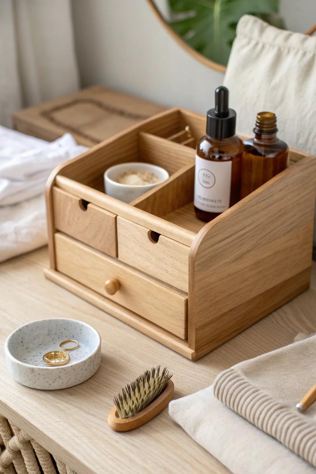 Create dresser-top zones by routine—jewelry, skincare, and hair tools in one tidy organizer.
