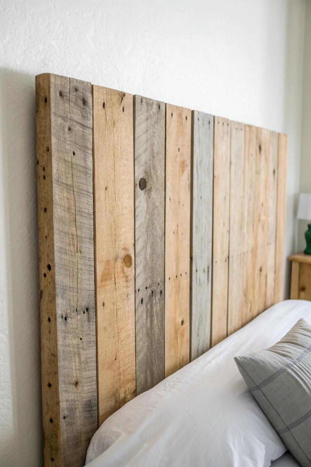 Rustic reclaimed plank headboard with a soft matte finish—simple, warm, and full of story.