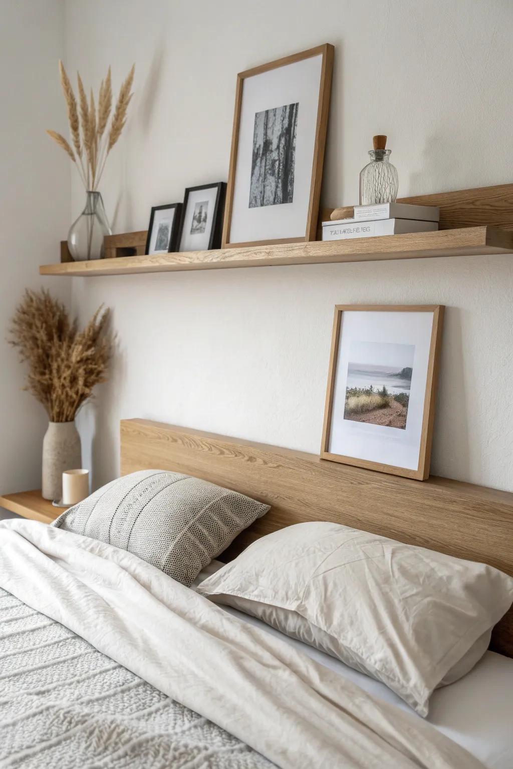 Layer framed art on a slim oak ledge—swap prints anytime for an effortless bedroom gallery.