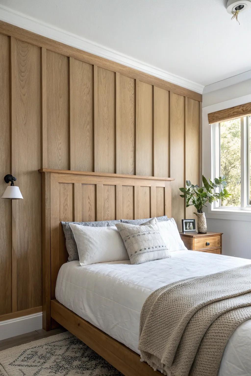 Board and batten behind the bed: vertical lines that add height with modern farmhouse warmth.