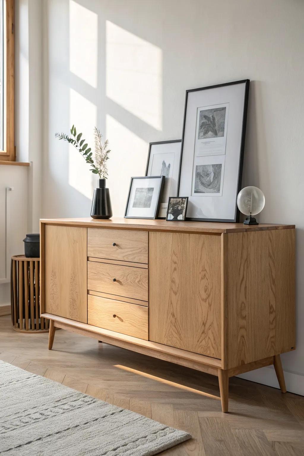 Layer two leaning frames on your sideboard—no nails needed—for effortless height and depth.