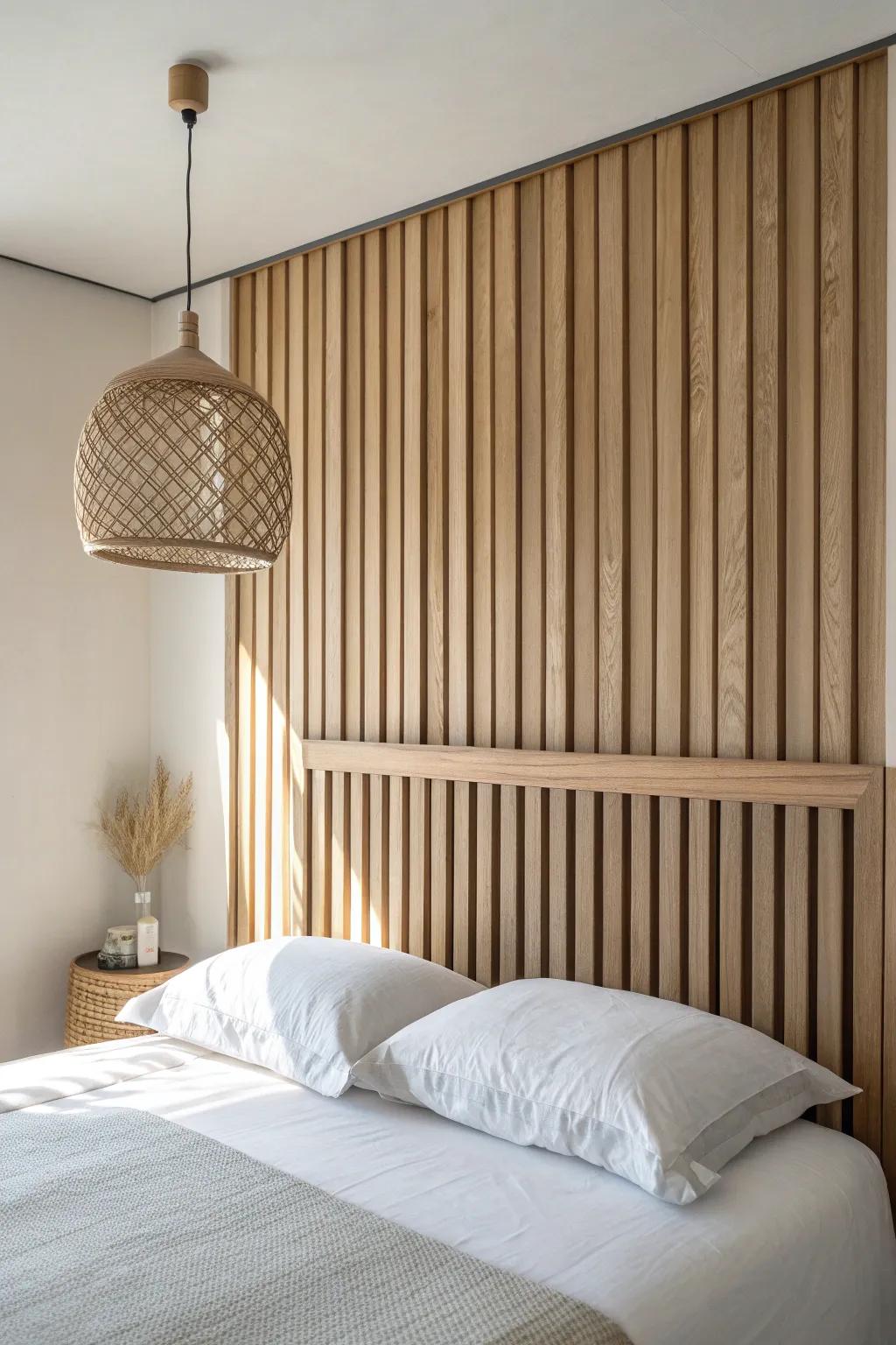 Vertical oak slat wall behind the bed—minimal, warm, and instantly makes ceilings feel taller.