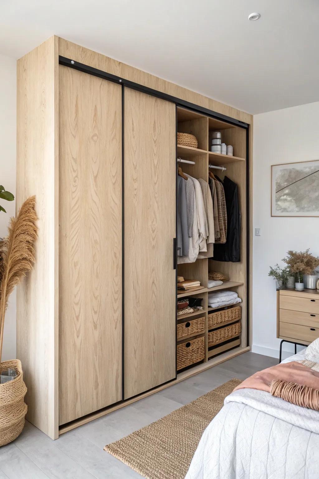 Space-saving sliding door wardrobe in birch plywood—minimal, warm, and beautifully built-in.