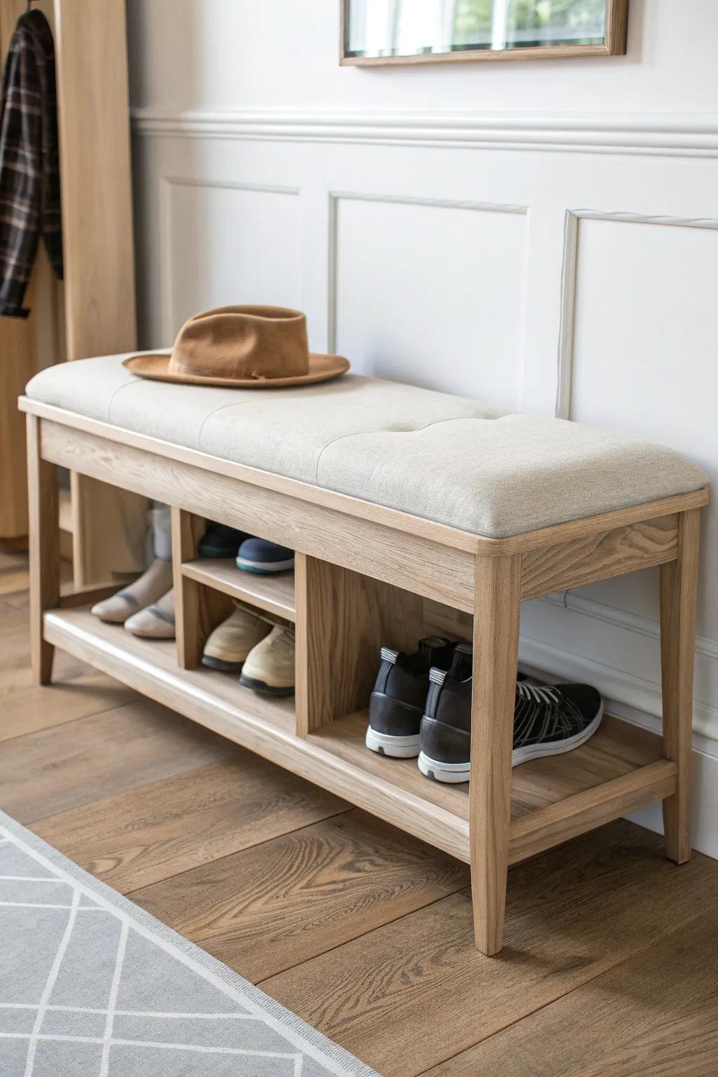 Scandi entryway bench with open shoe cubbies—clean lines, warm wood, daily calm.