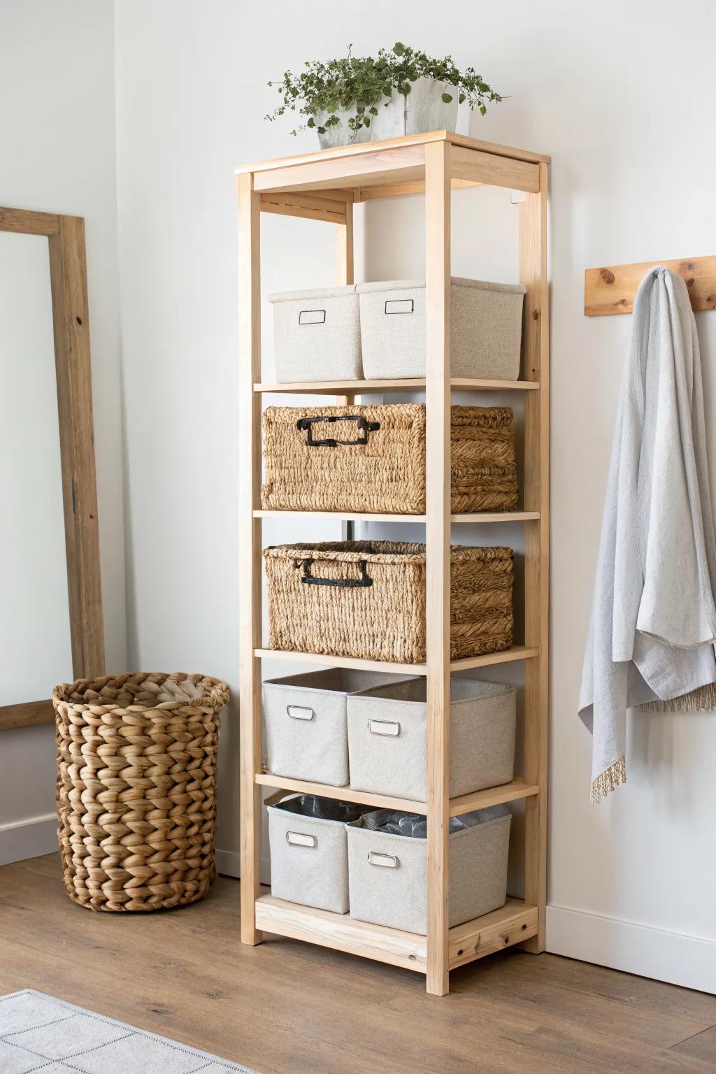 A slim center shelving tower creates clear closet “lanes” with baskets, folds, and drawers.