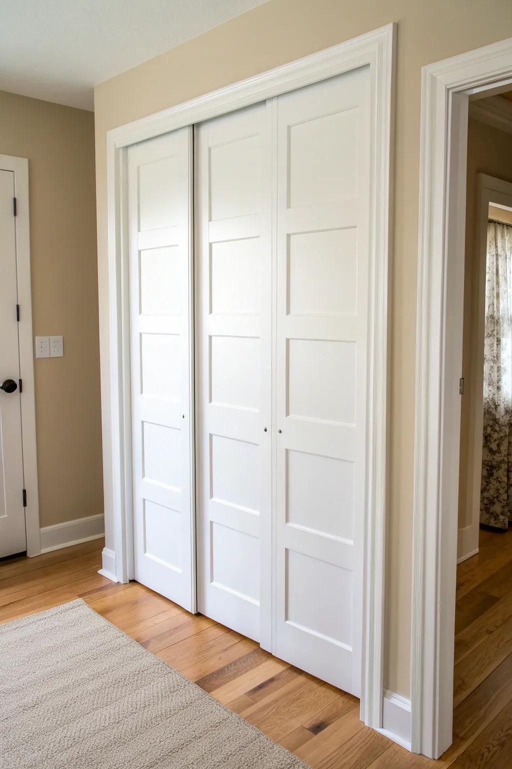 Flat bifold, custom look—thin Shaker trim strips make it feel built-in and elevated.