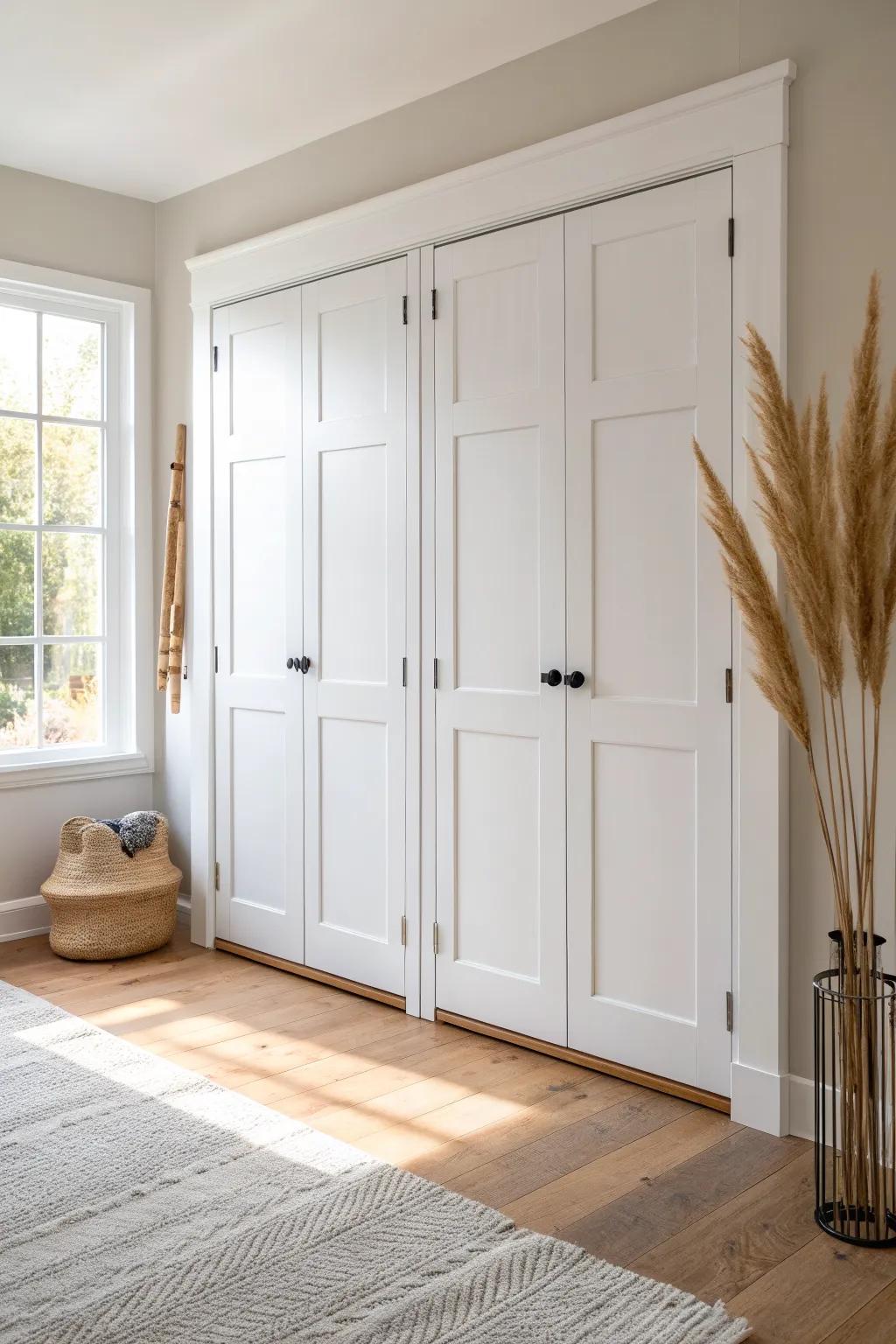 Simple flat-stock trim frames bifold doors for a crisp, intentional Scandinavian look.