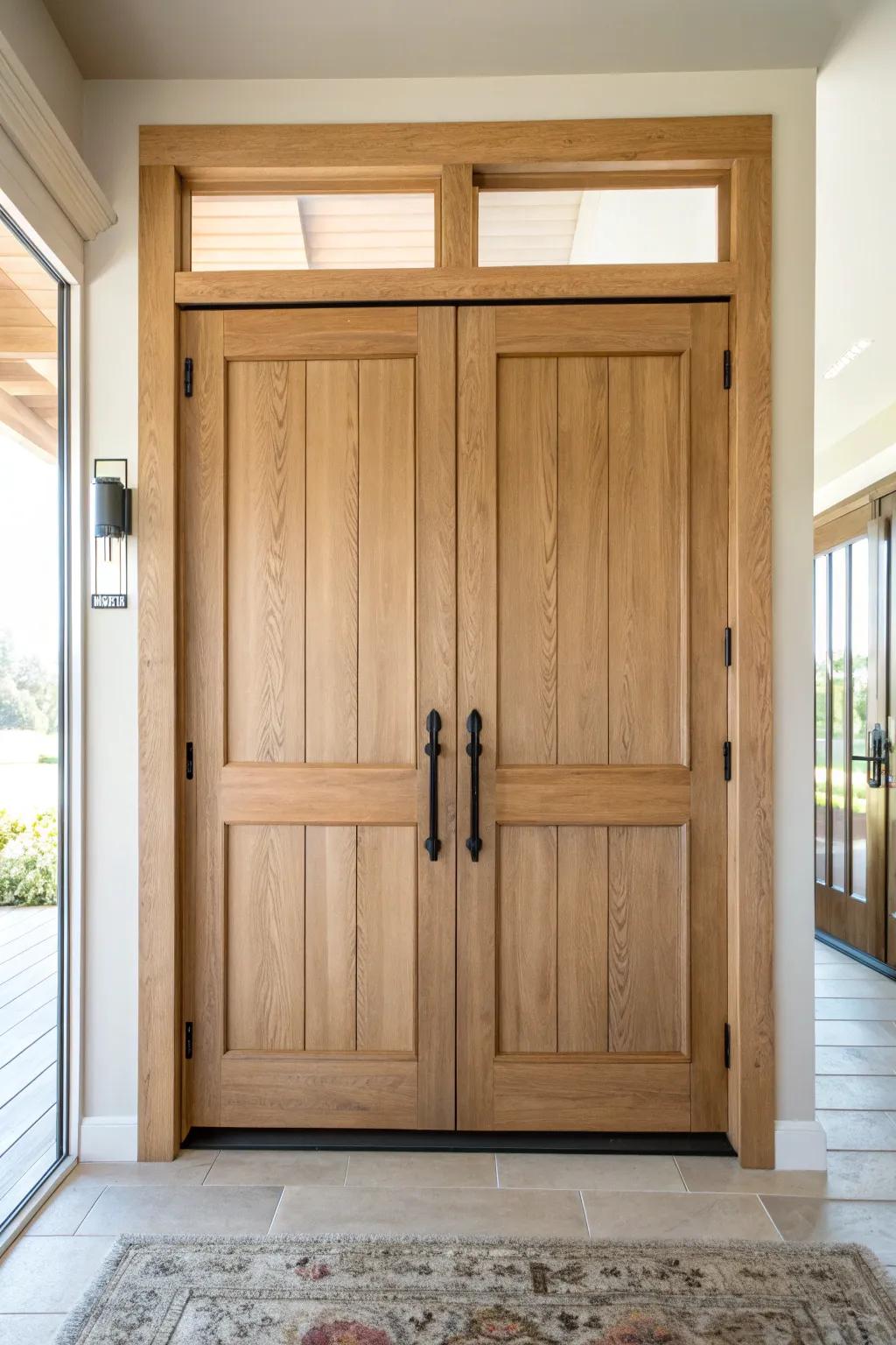 Extra-wide oak double entry doors—balanced, welcoming, and precision-aligned for a grand front.