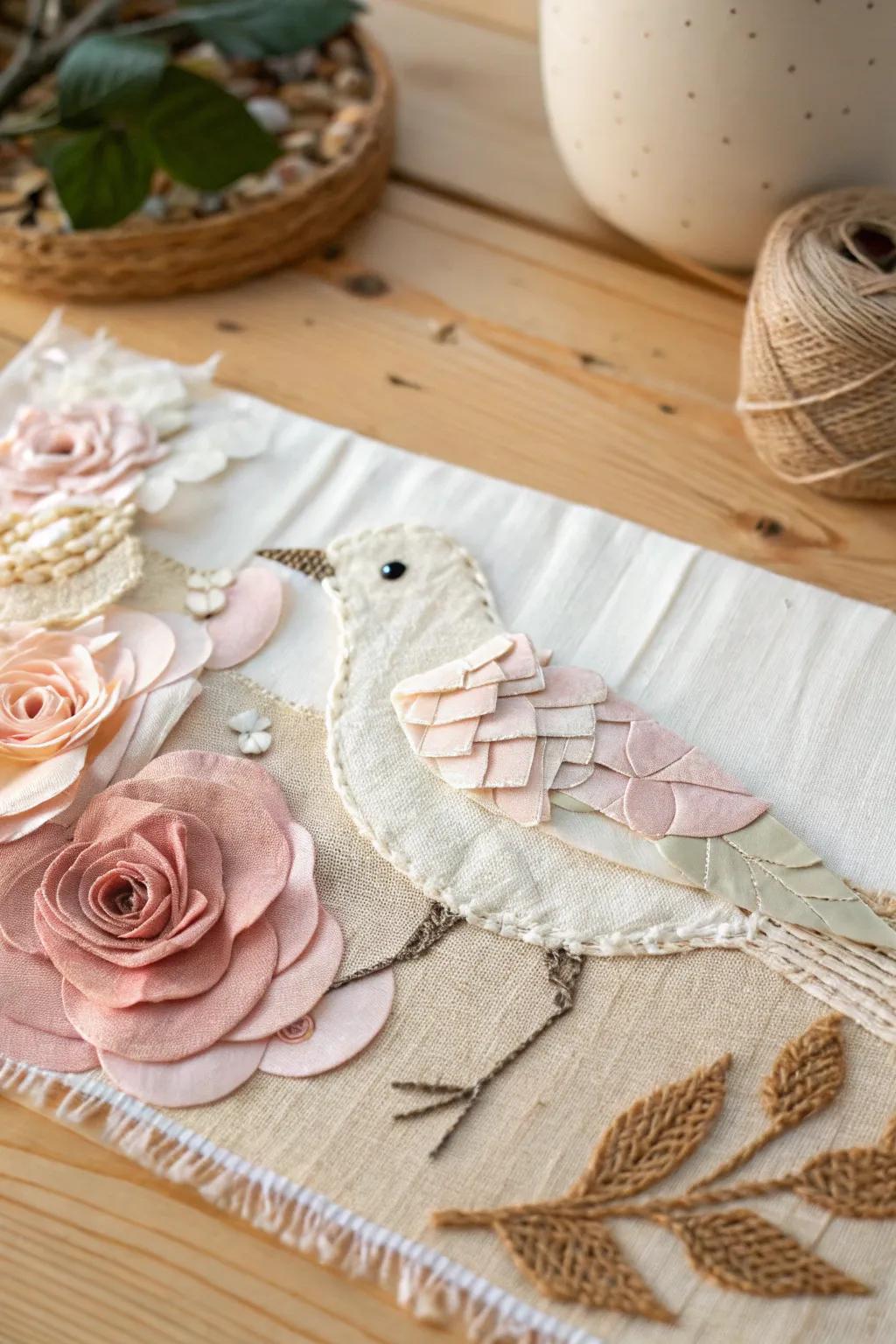 Embrace the charm of simplicity with a handcrafted fabric bird collage that adds a touch of nature to your space.