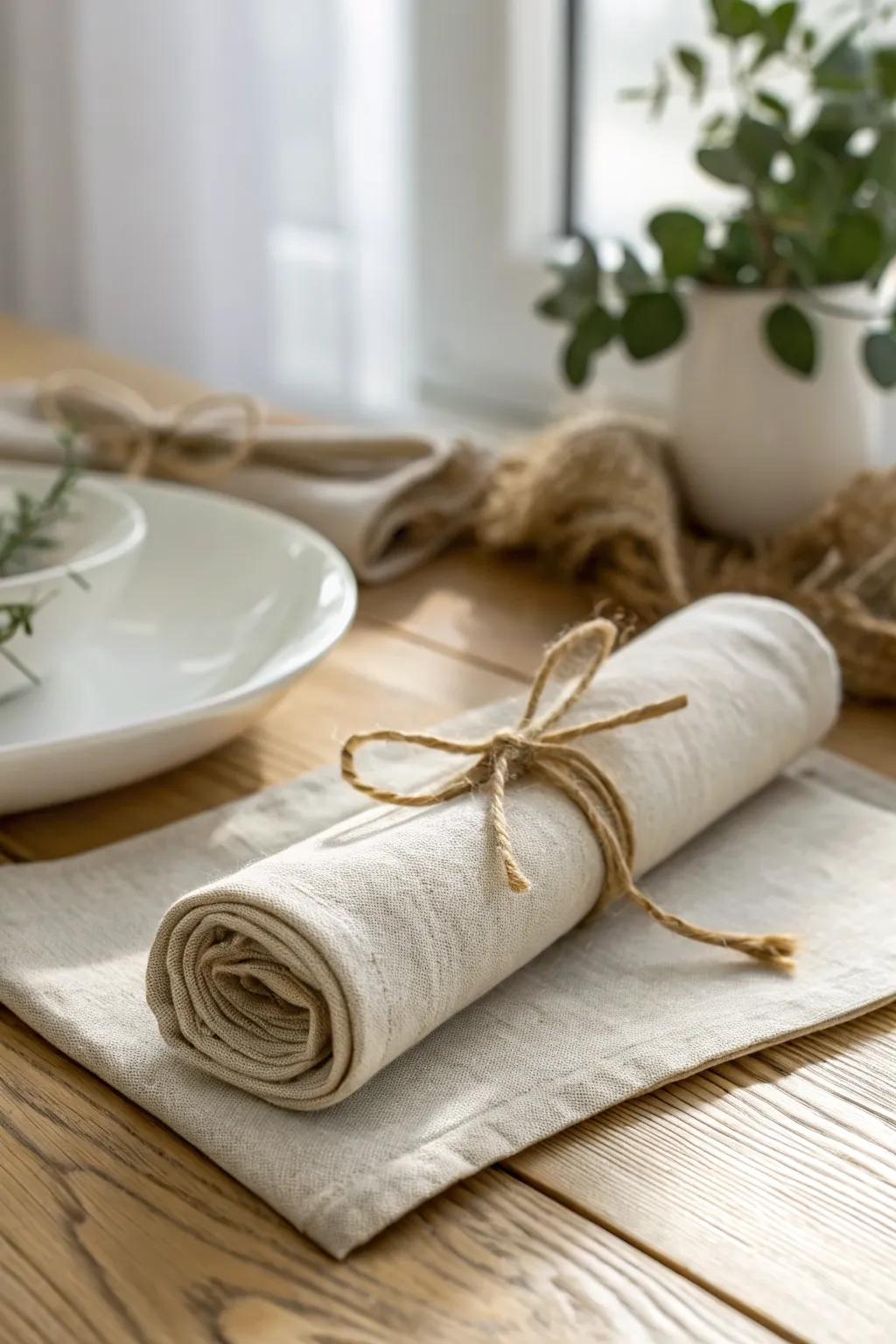 A simple linen napkin tied with twine—an effortless rustic detail for bistro table charm.