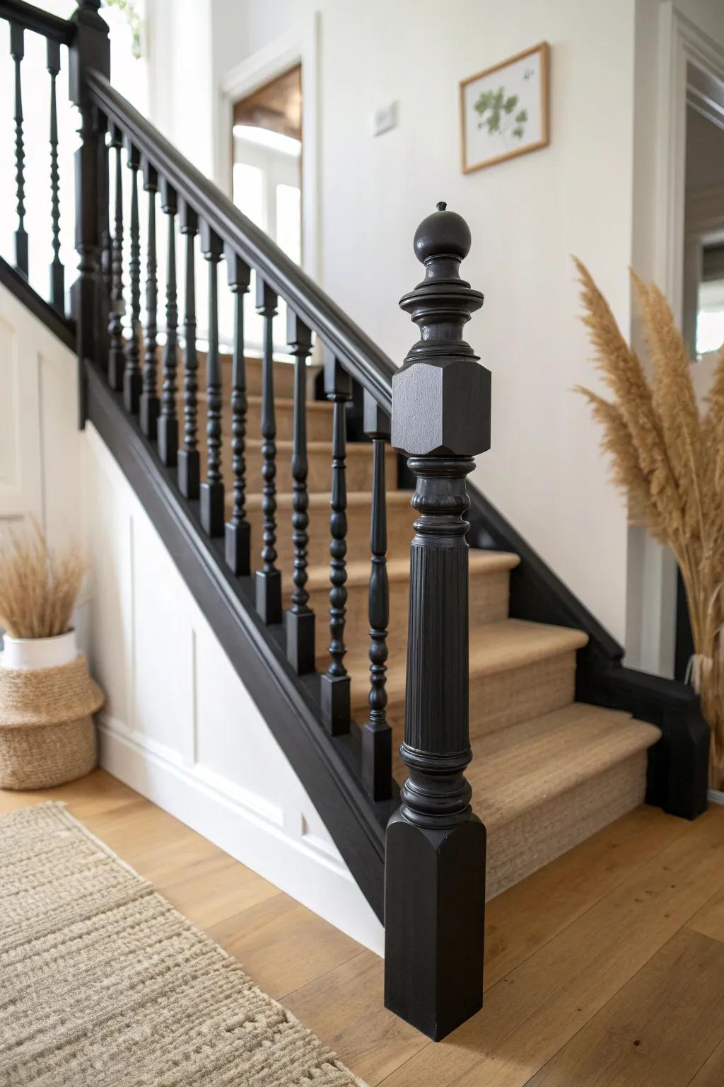 All-black banister magic: moody, polished drama against bright walls—simple and striking.