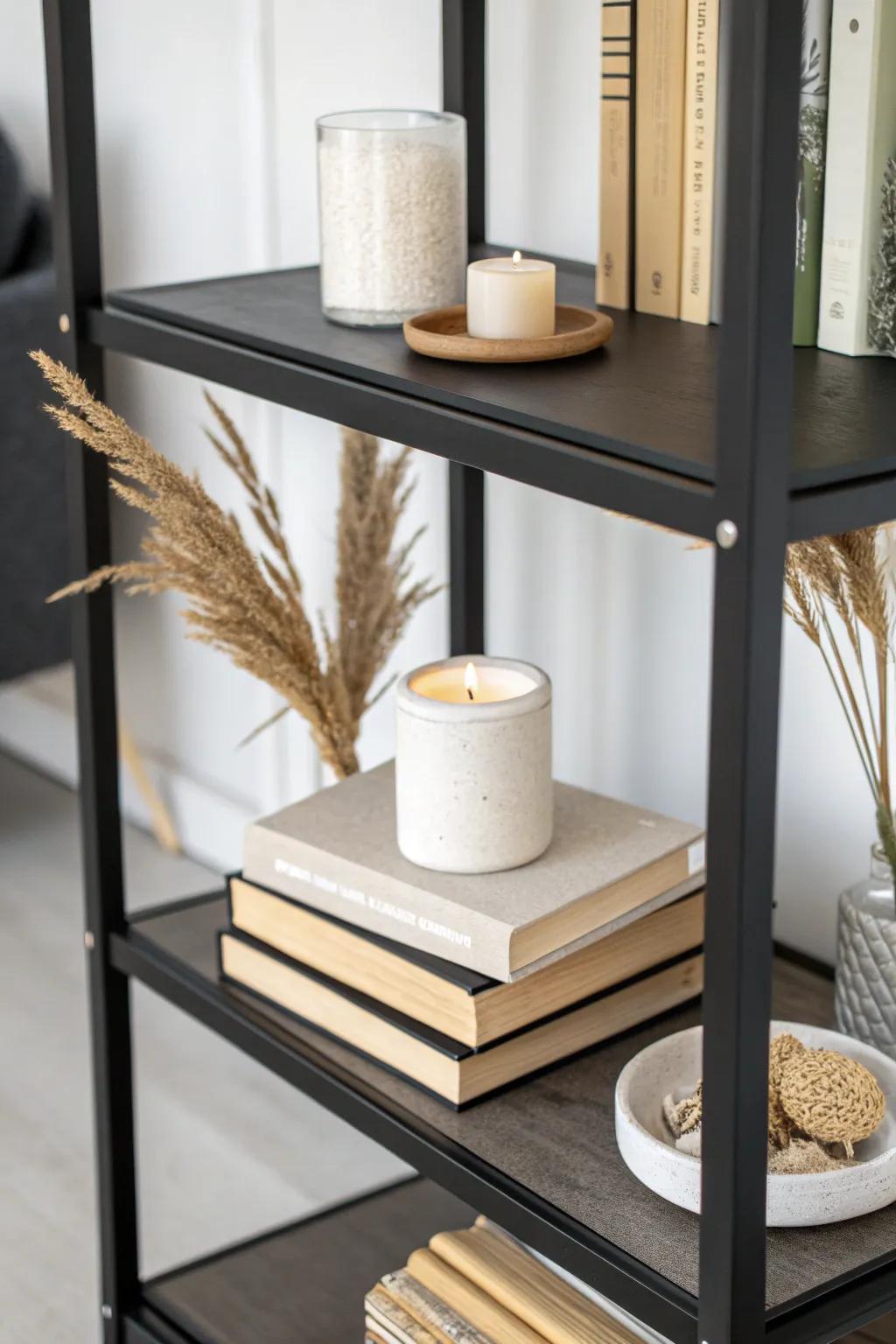Mix upright books with a sideways stack—use it as a chic pedestal for a candle.