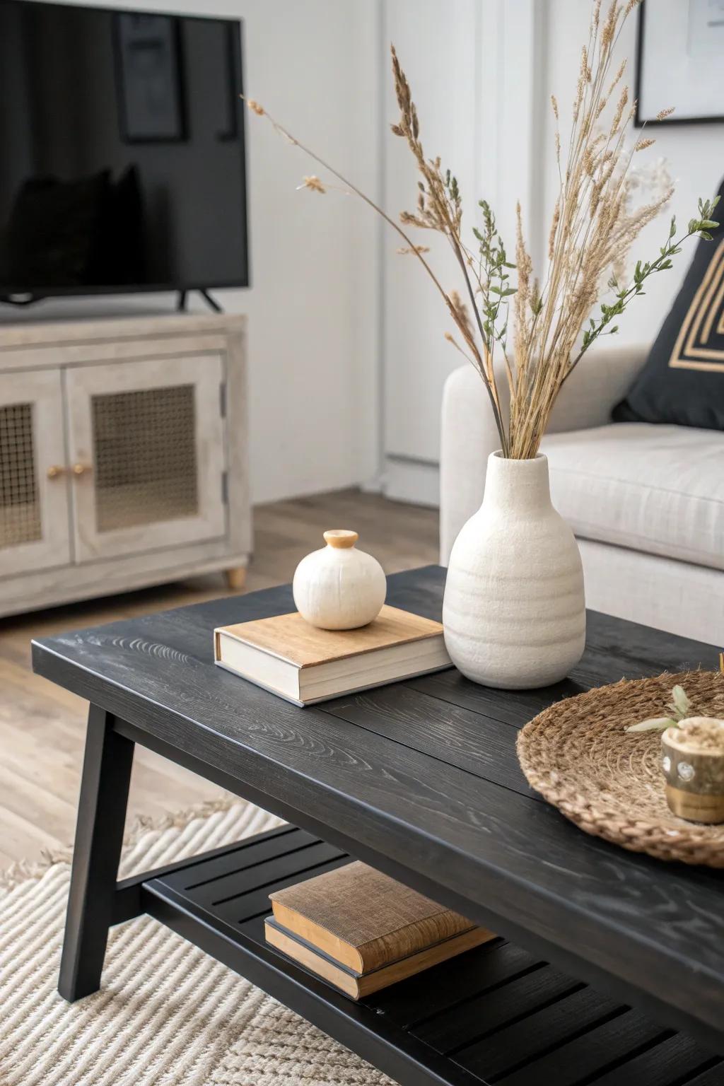 Keep a black coffee table clean with the rule of three: books, a vase, and one sculptural find.