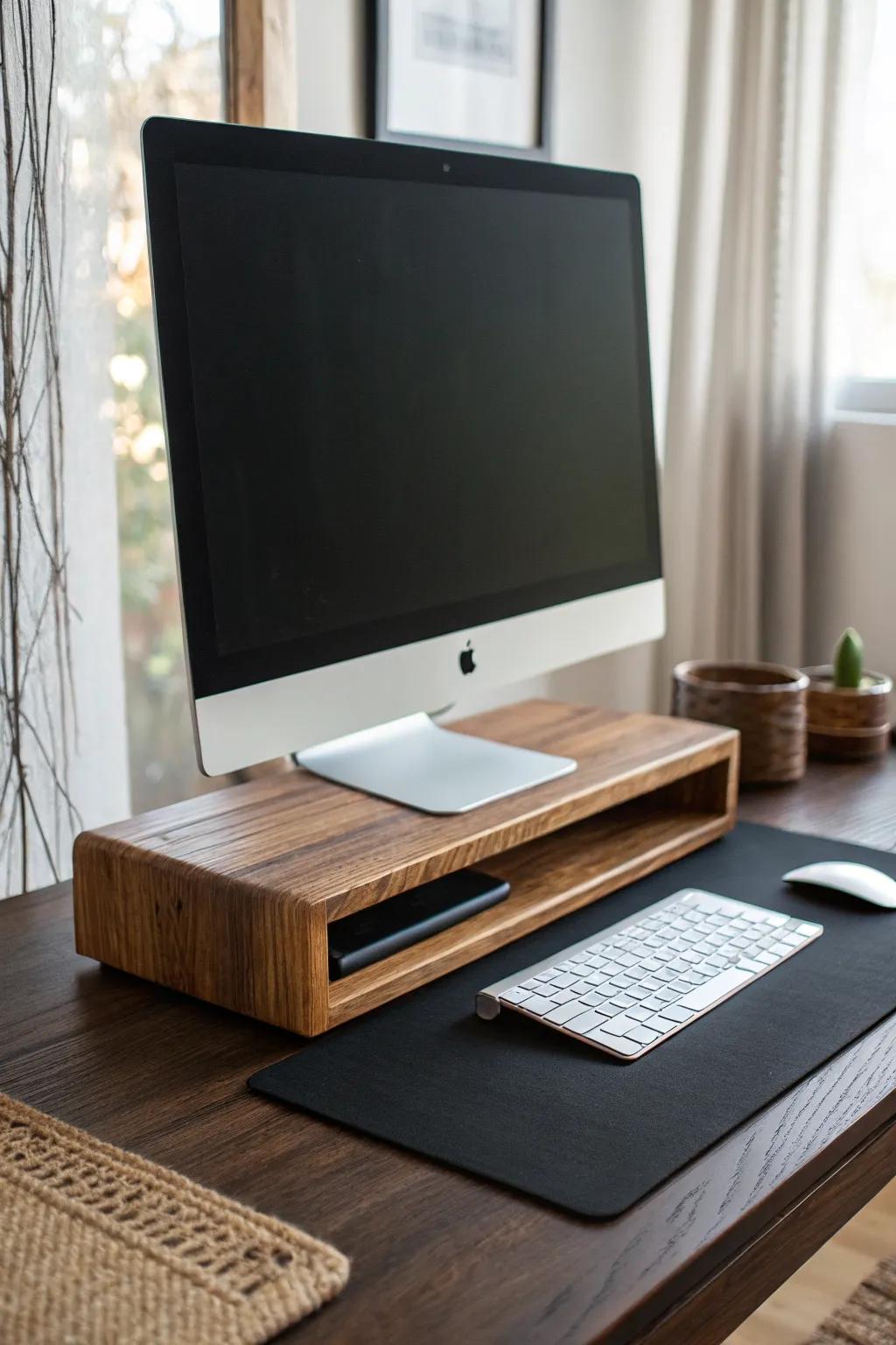 A warm oak monitor riser softens a black desk setup—minimal, moody, and handcrafted.