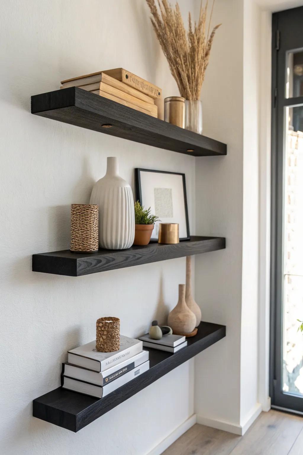 Staggered black floating shelves add effortless movement—perfect for books and simple ceramics.