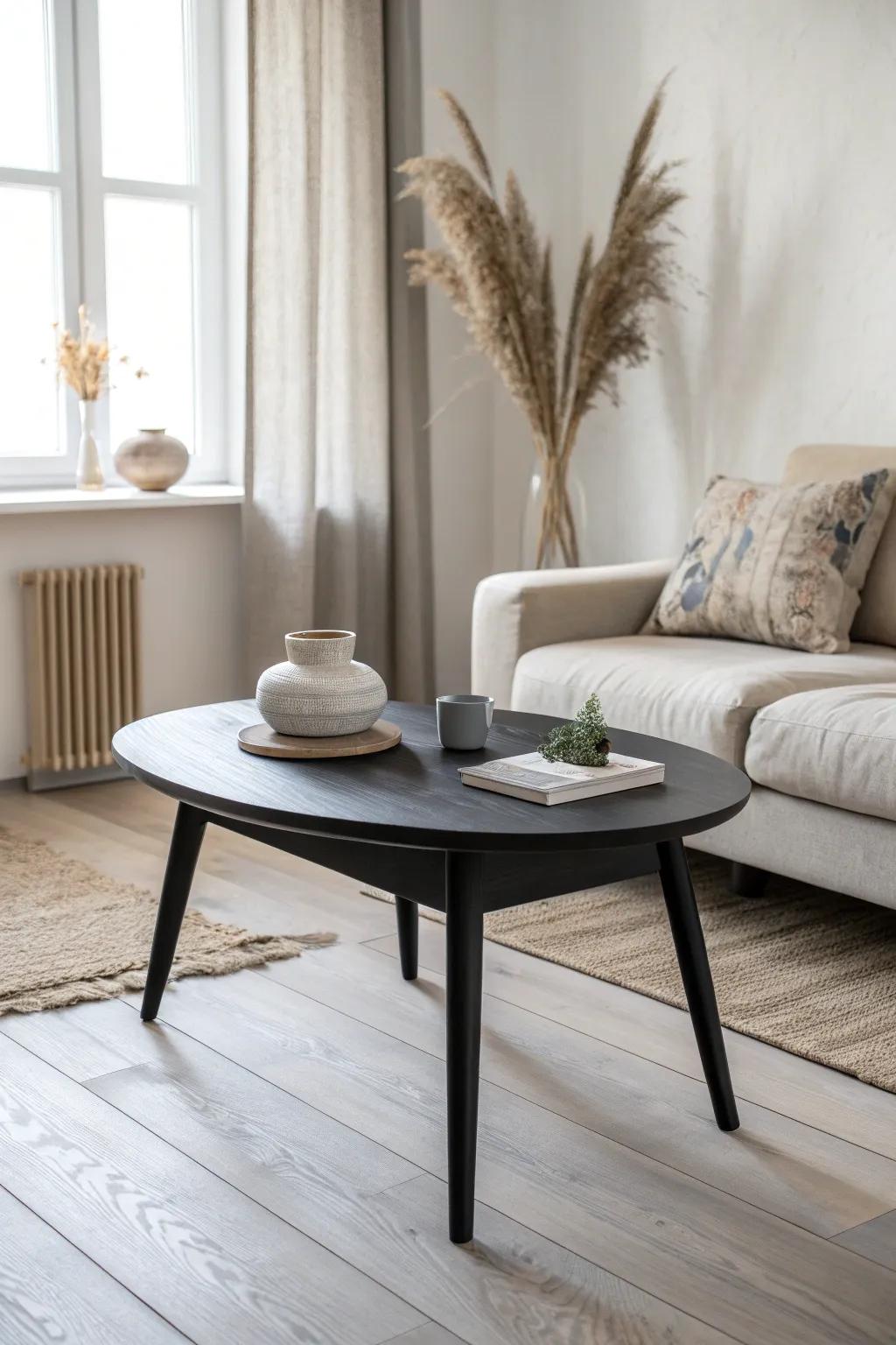 A matte black coffee table anchors airy seating—simple, crafted, and beautifully grounding.