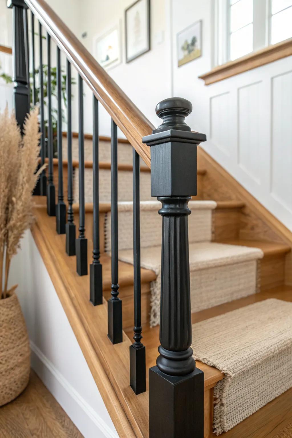 Matte black banister + warm oak steps—modern farmhouse contrast that feels cozy and clean.