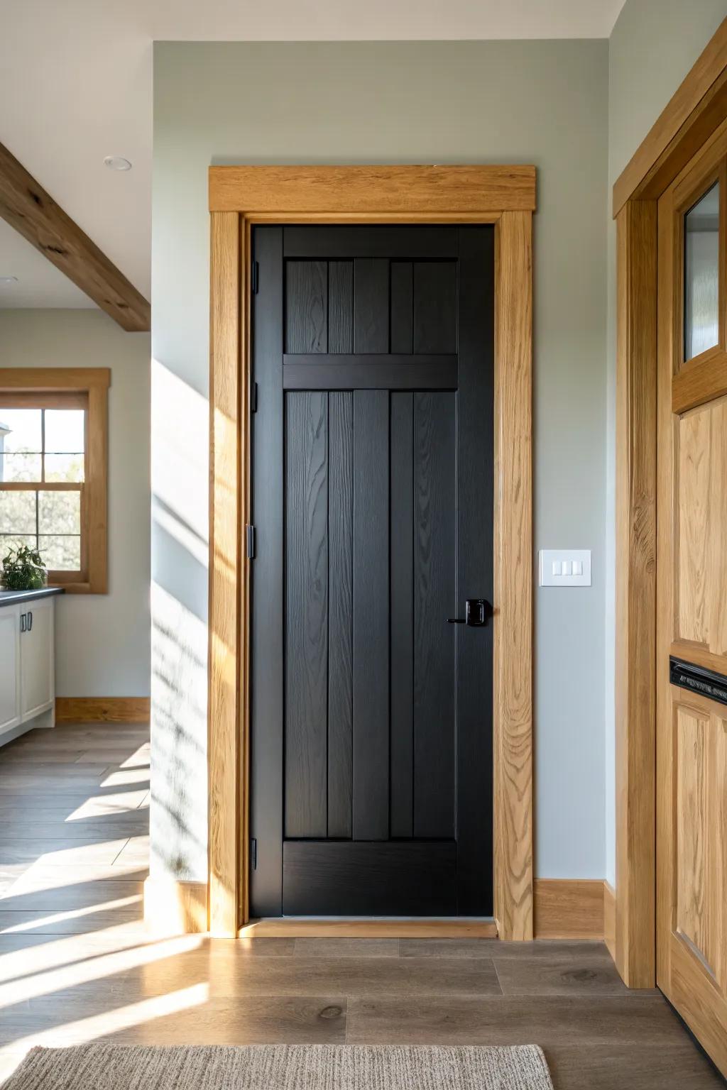 Matte black Shaker pantry door with clean trim grid—an easy DIY that looks custom.