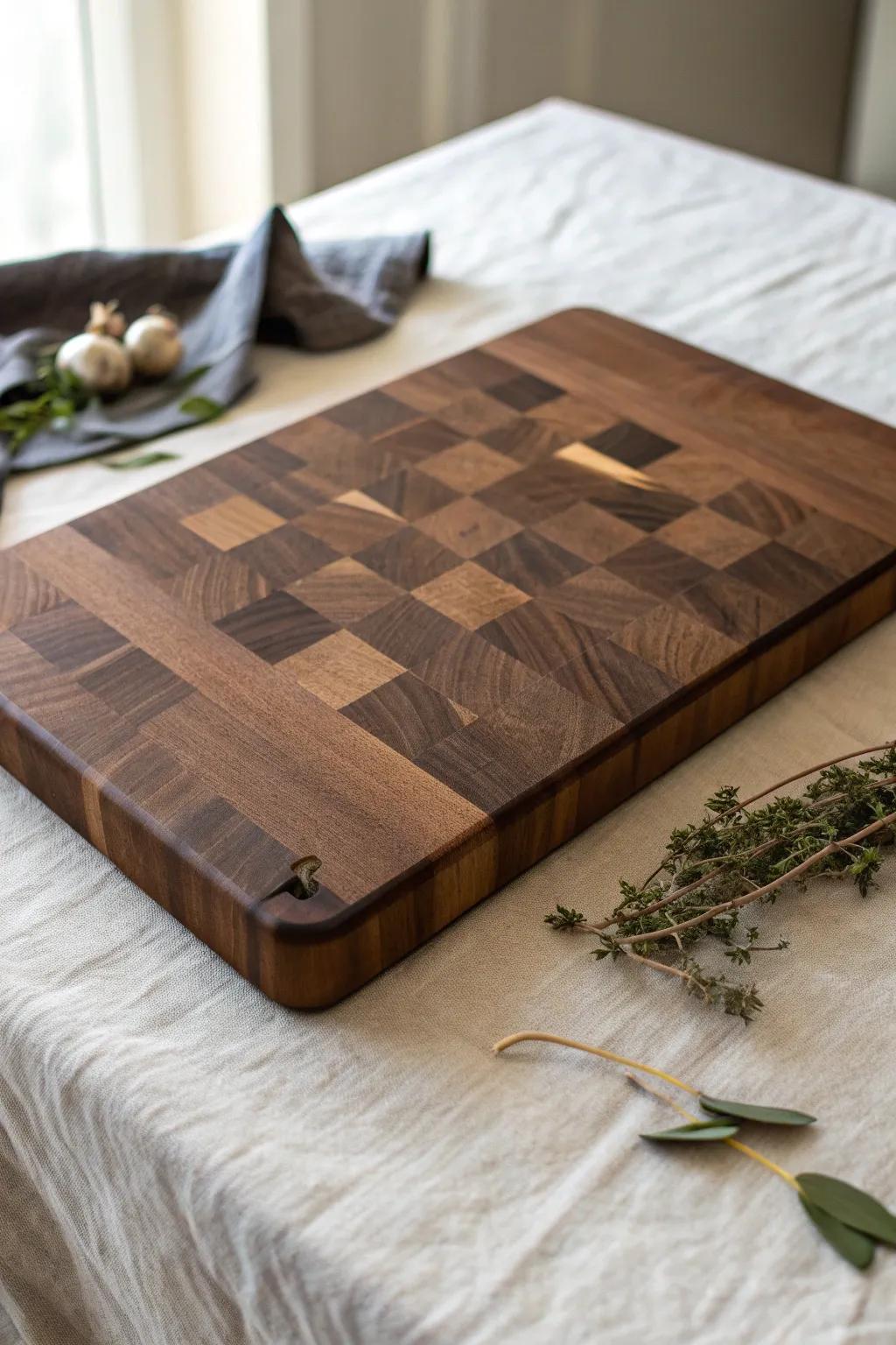 End-grain black walnut board—oiled to reveal a deep, checker-patterned showpiece.