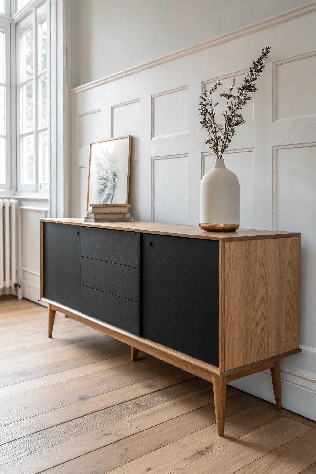 Matte black sideboard on pale oak—bold contrast, warm wood grounding, crisp white calm.