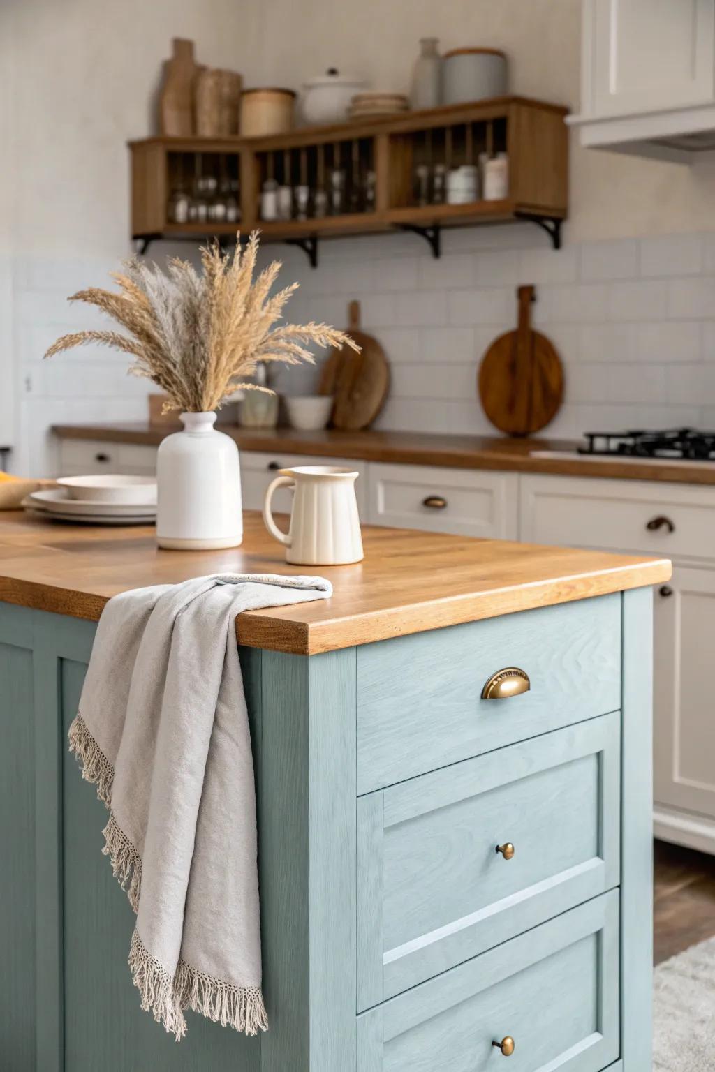 Dusty-blue island, warm wood perimeter—clean Scandinavian contrast with a soft boho touch.