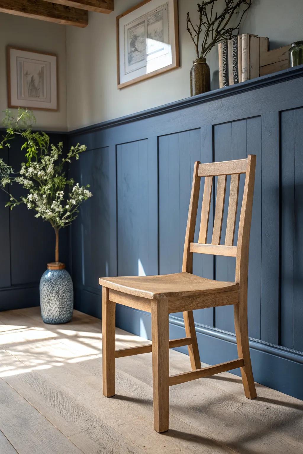 Moody two-tone board & batten makes light oak furniture feel instantly intentional and cozy.