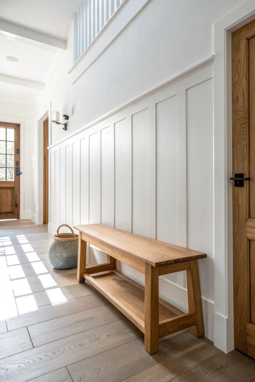 Warm oak bench + crisp white board-and-batten wainscoting—easy-clean hallway style with charm.