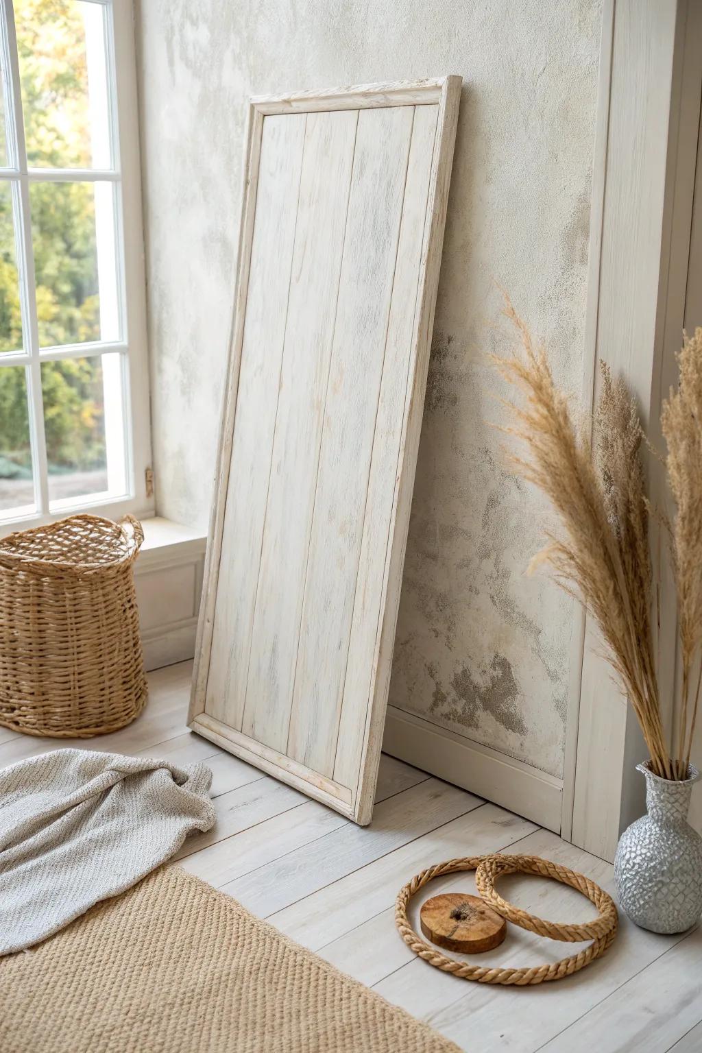 Soft limewash texture meets warm wood grain—an effortless boho accent wall with calm contrast.