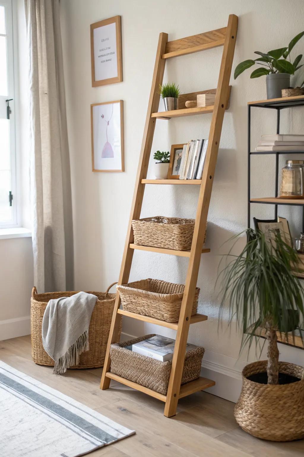 Airy oak ladder bookshelf with woven baskets, soft greenery, and clean Scandinavian calm.