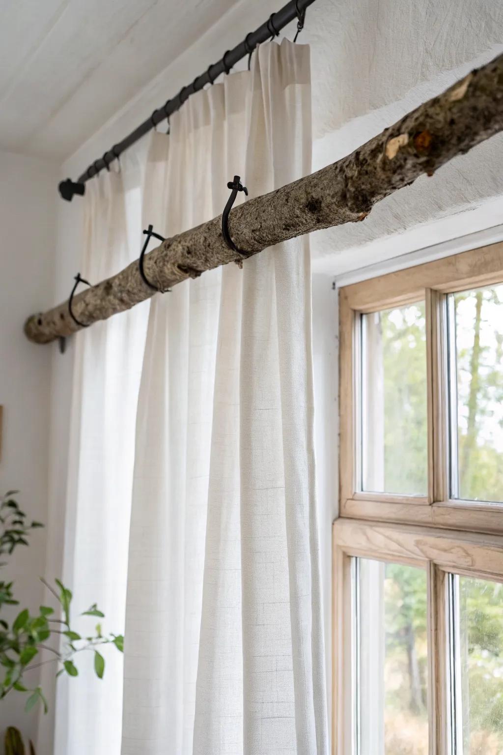 A naturally crooked tree branch curtain rod for an effortless boho touch with airy linen.