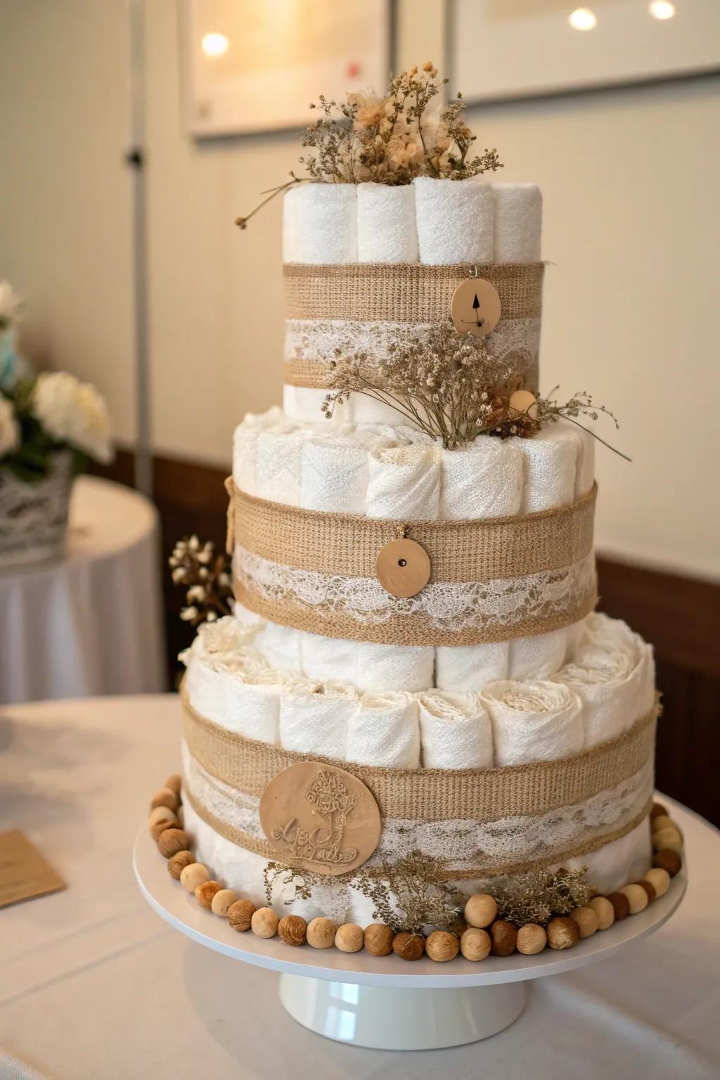 Rustic Elegance: A Boho Diaper Cake with Lace and Burlap Delight