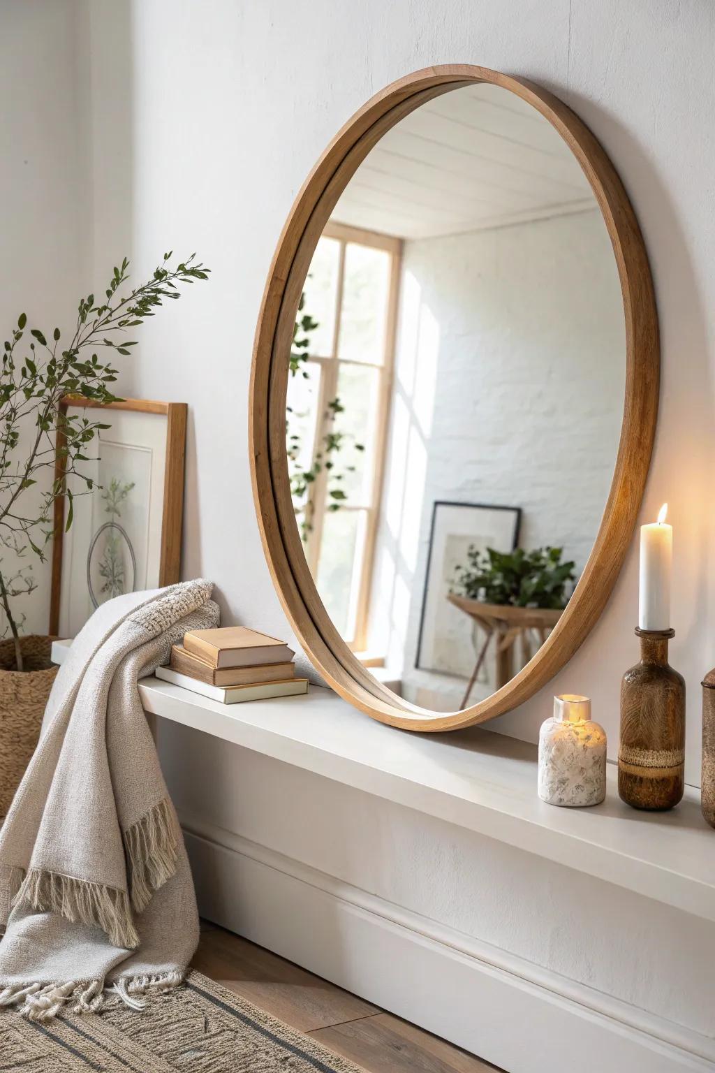 Oversized round mirror in natural oak—minimal mantel styling with an easy boho glow.