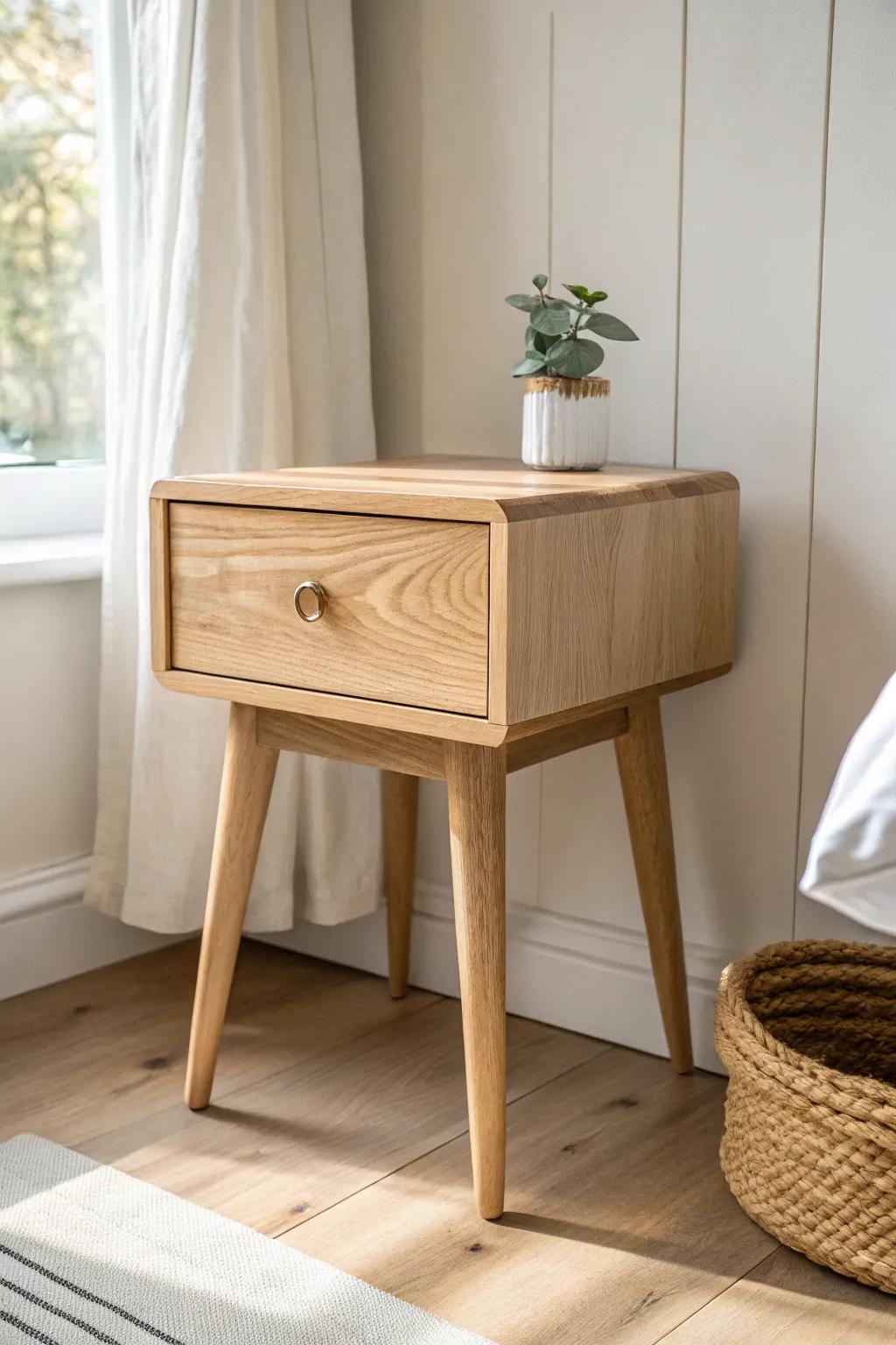Airy maple nightstand with tapered legs—boho charm with clean Scandinavian simplicity.