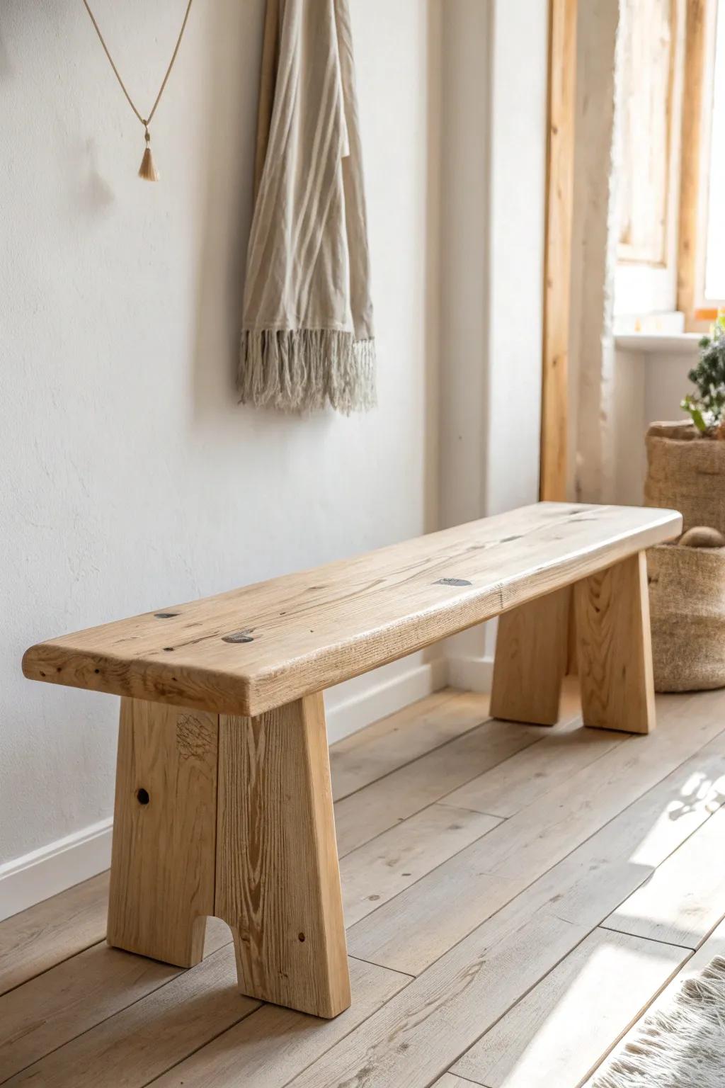 A light pine bench adds a calm boho anchor—simple lines, warm grain, effortless charm.