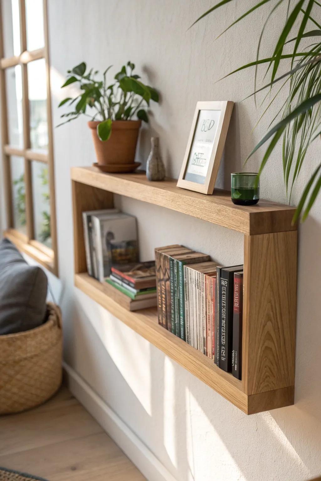 Slim oak floating book ledge for a clean cover-forward display—perfect for narrow hallways.