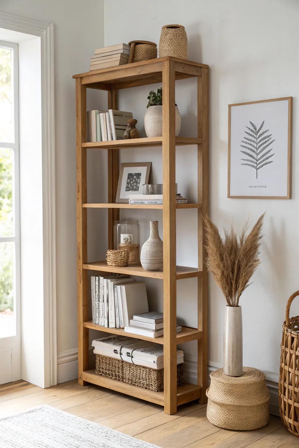 Style shelves with a loose grid—airy “boxes” that keep your bookcase balanced and calm.