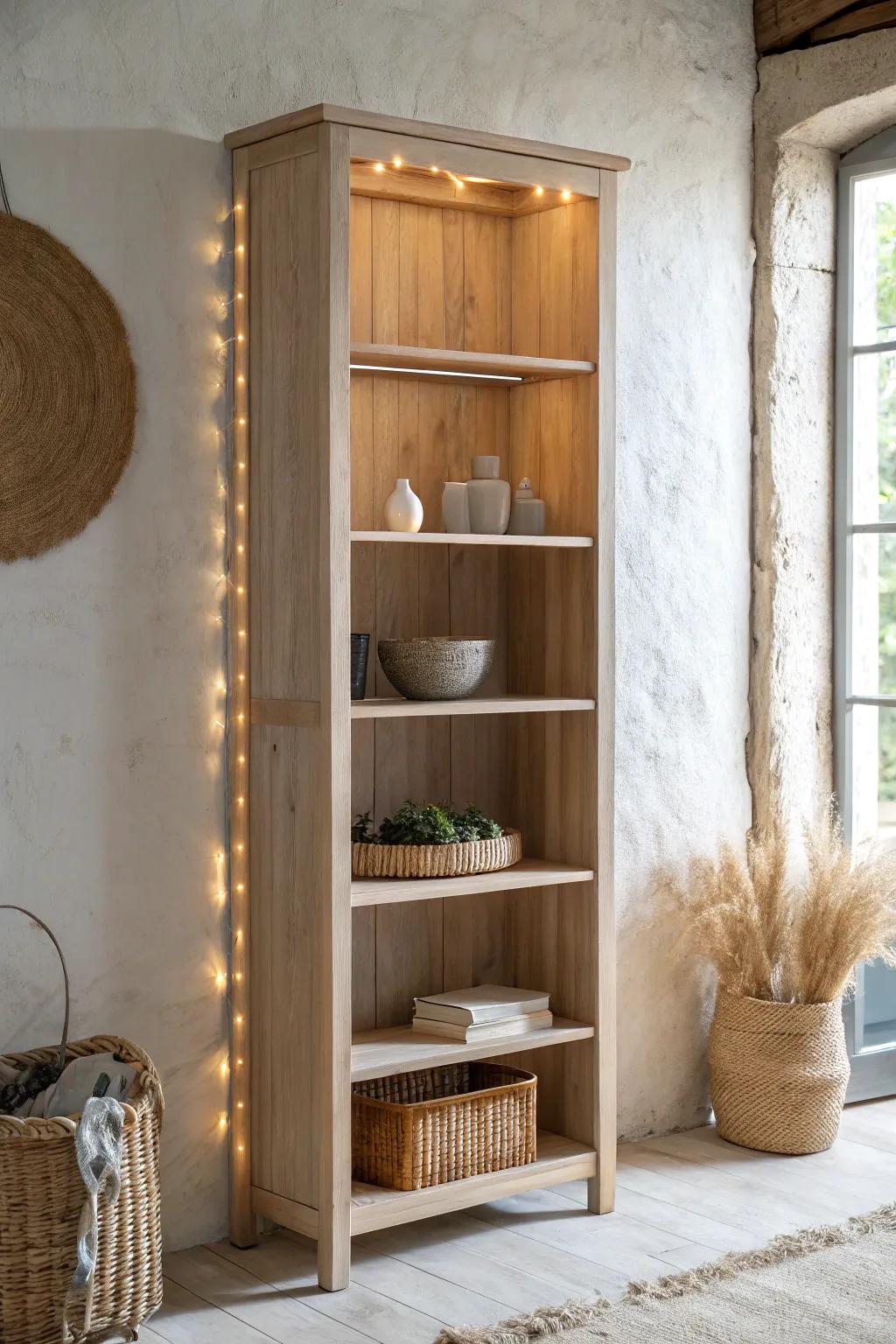 Warm under-shelf LED strips add a soft glow that makes every shelf feel intentional.