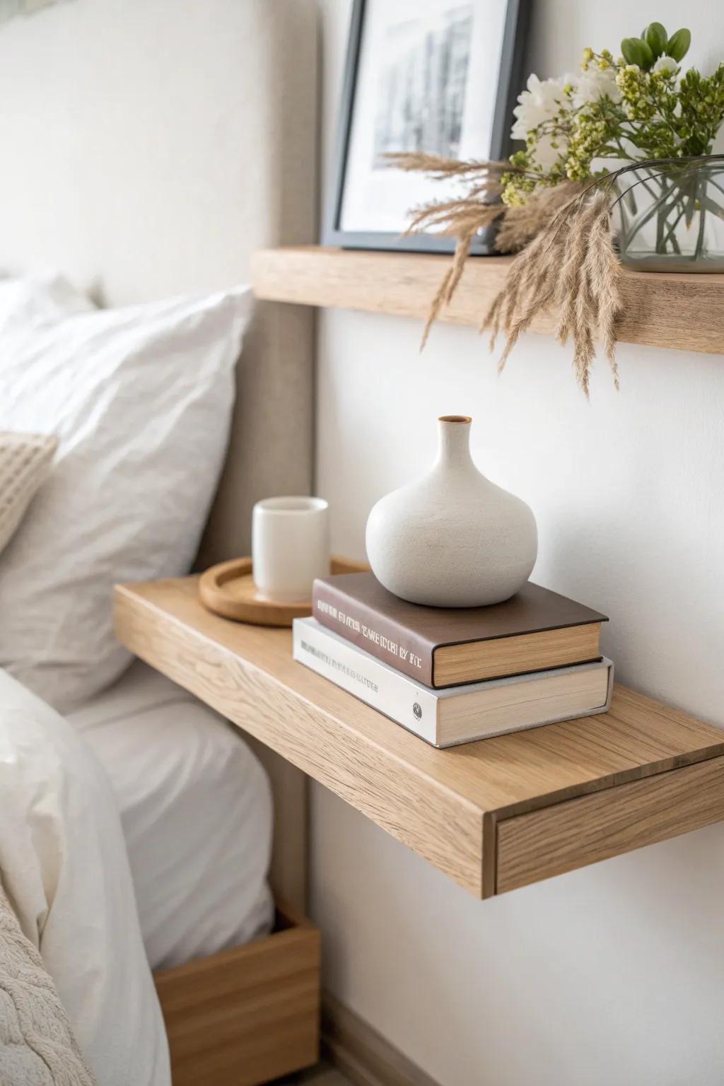 Slim oak floating shelf above the nightstand keeps bedtime books close—airy and elegant.