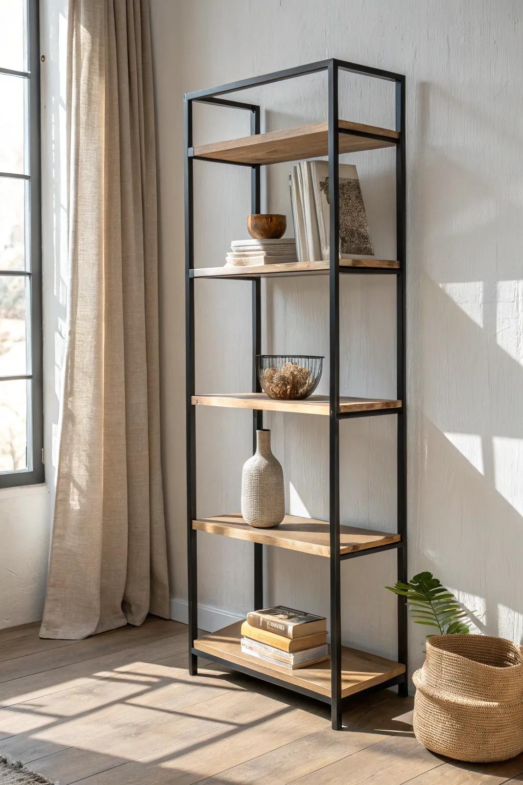 Slim matte metal frames + chunky pale oak planks: modern boutique shelving with cozy warmth.