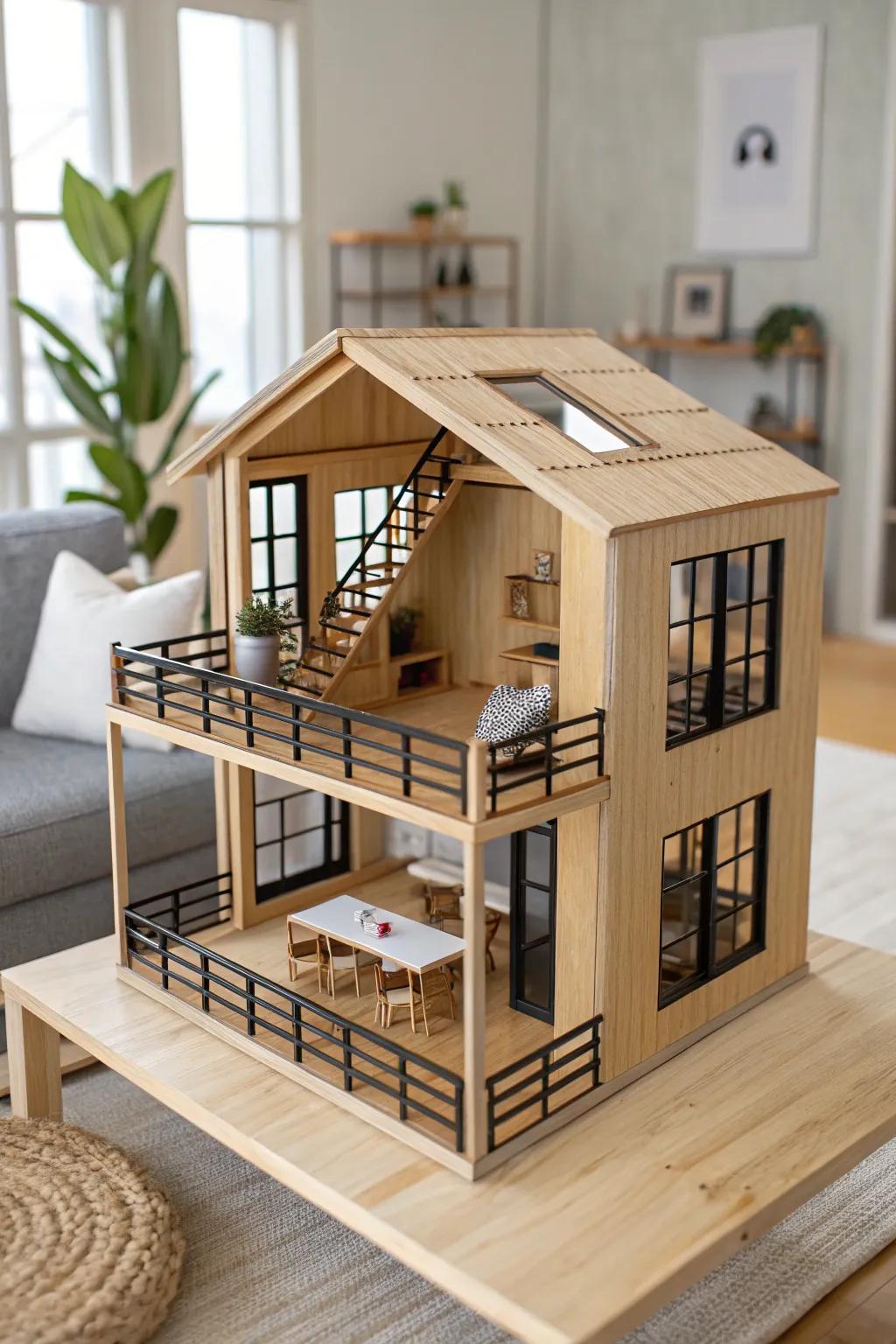 Modern loft dollhouse in warm wood and matte black—open layout built for bigger action figures.